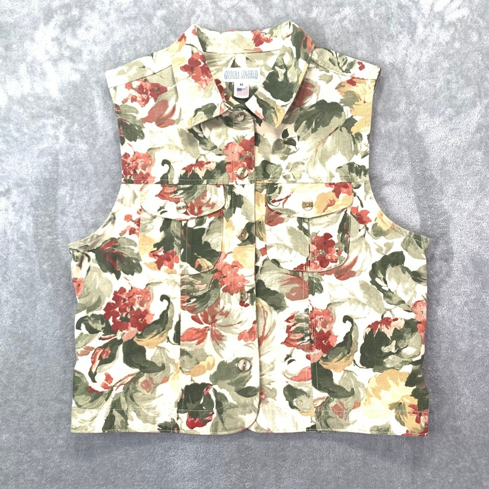 Vintage Floral Canvas Utility Vest Cottagecore Garden Core 90s USA Made Medium